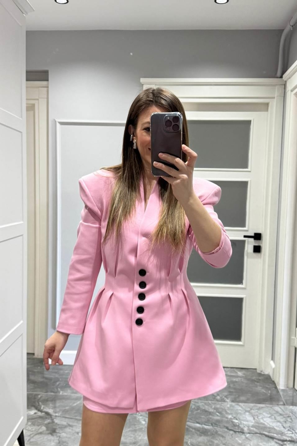 TakımFresno Belden Oturtmalı Vatkalı Ceket Etek Takım Pembe