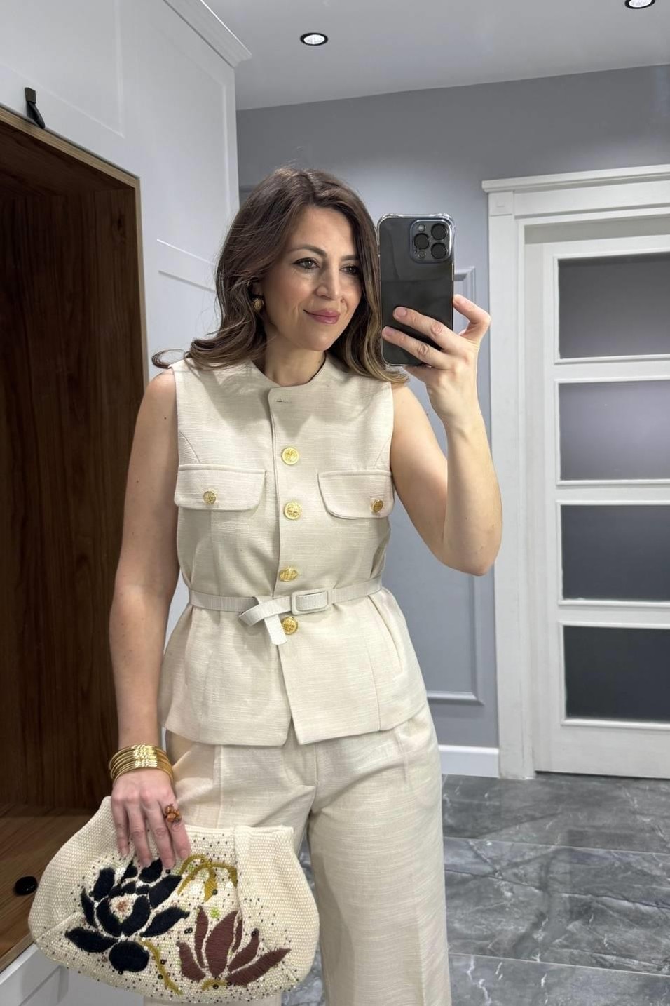 TakımGold Düğmeli Yelek Bol Pantolon İkili Takım Bej