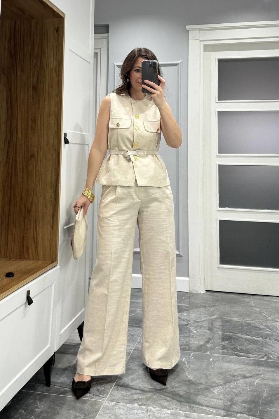 TakımGold Düğmeli Yelek Bol Pantolon İkili Takım Bej