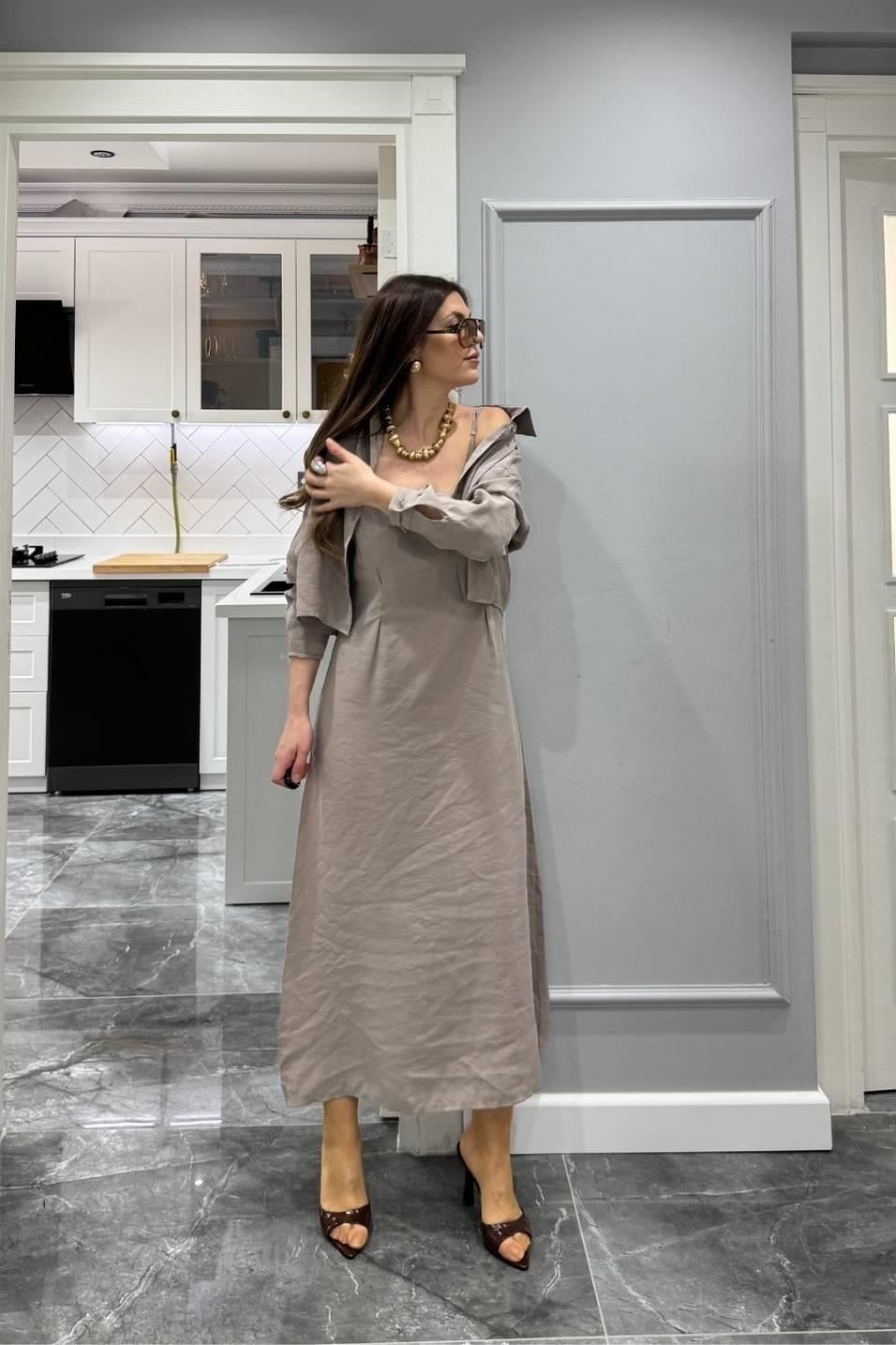 TakımGömlek Elbise İkili Takım Vizon