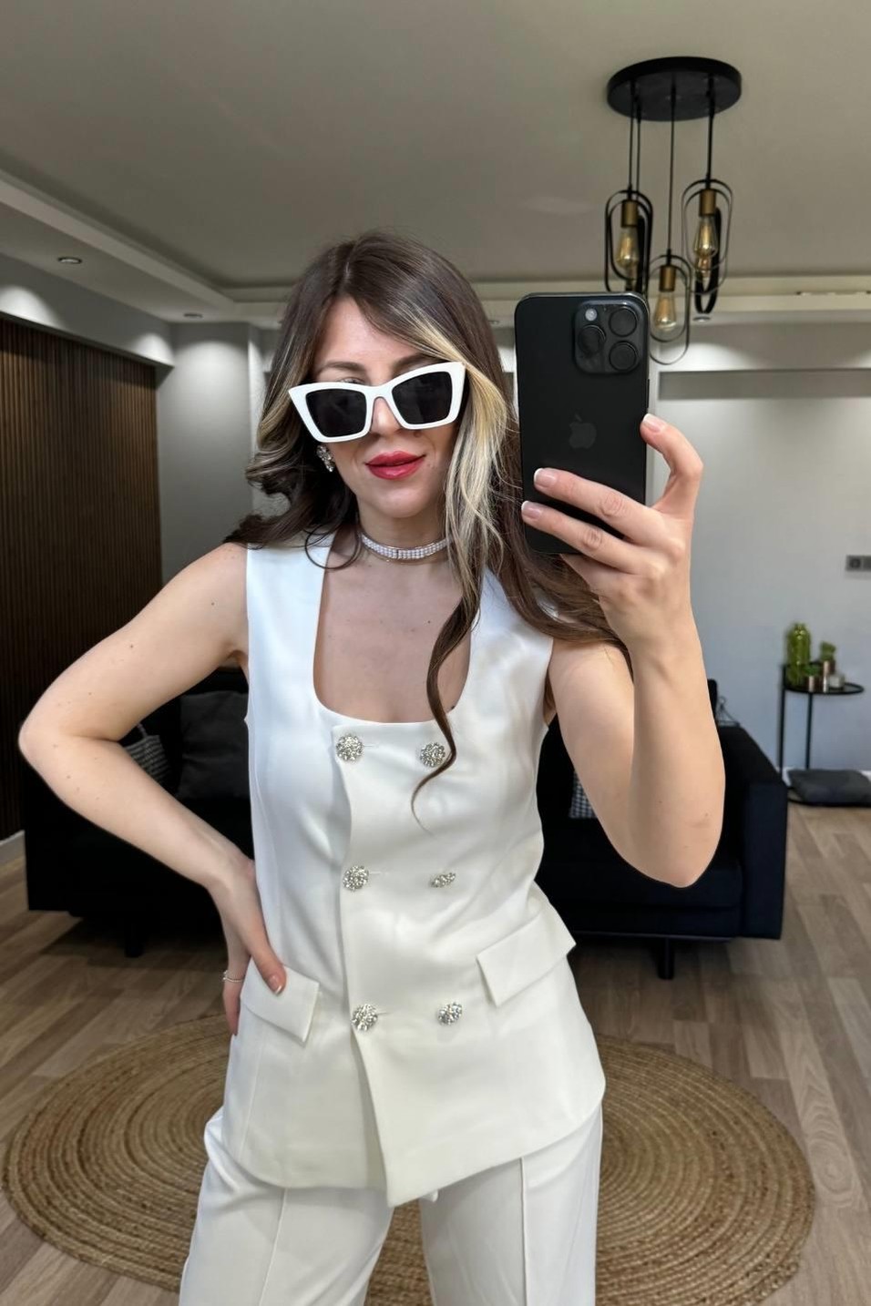 TakımKare Yaka Yelek Pantolon Takım Beyaz
