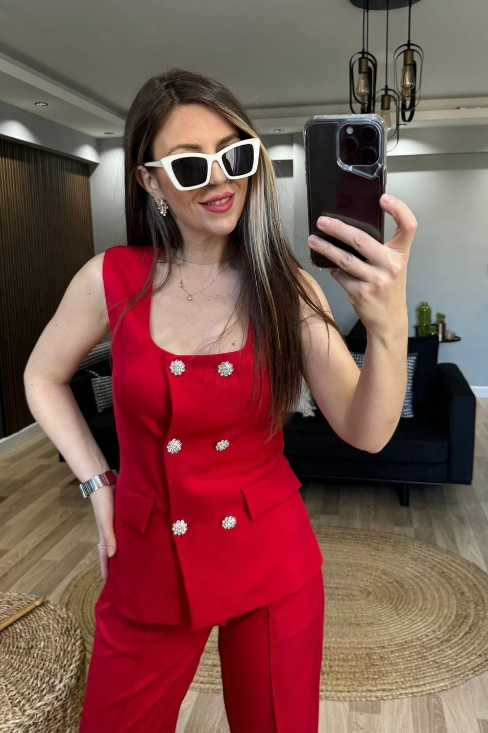TakımKare Yaka Yelek Pantolon Takım Kırmızı