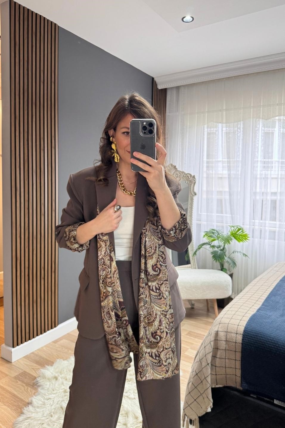 TakımSaten Astarlı Fularlı Ceket Pantolon Takım Kahverengi