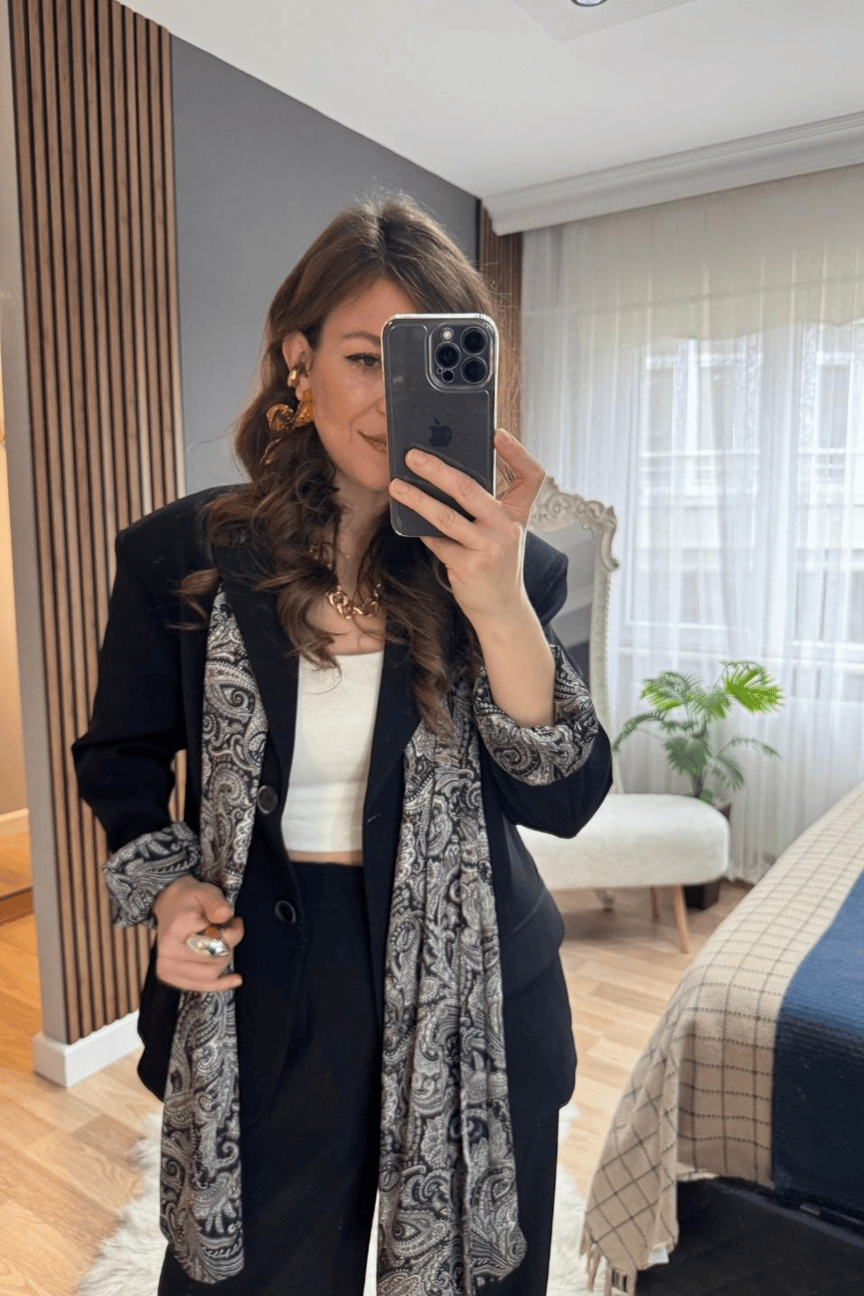 TakımSaten Astarlı Fularlı Ceket Pantolon Takım Siyah