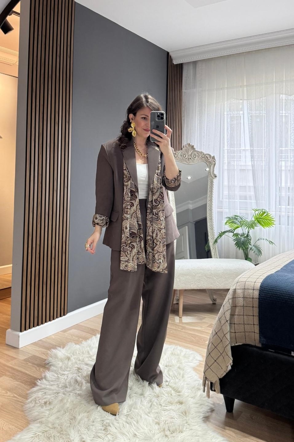 TakımSaten Astarlı Fularlı Ceket Pantolon Takım Kahverengi