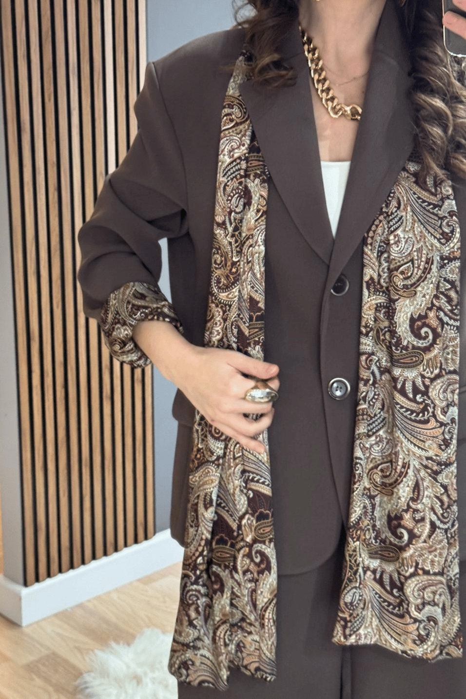 TakımSaten Astarlı Fularlı Ceket Pantolon Takım Kahverengi
