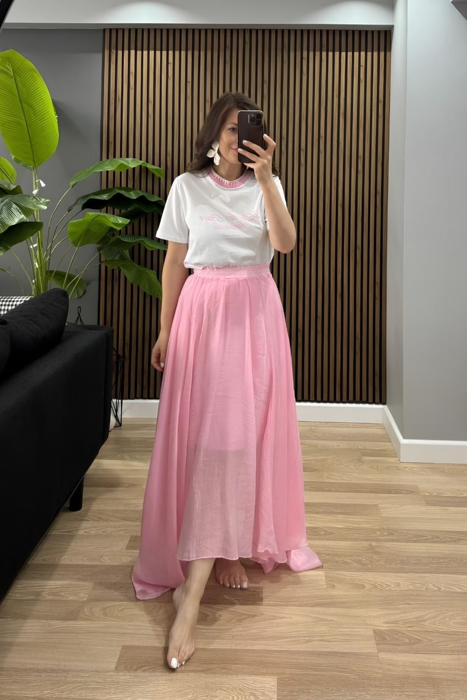 TişörtYaka Detaylı Baskılı Tişört Ekru-Pembe