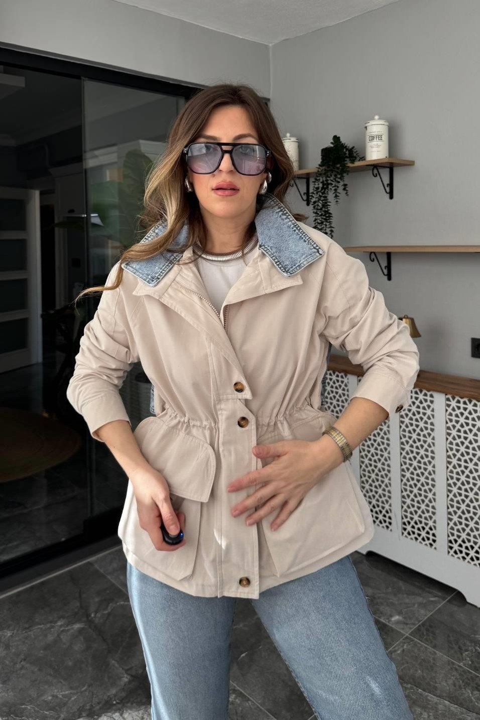 TrençkotDenim Detaylı Premıum Trençkot Taş