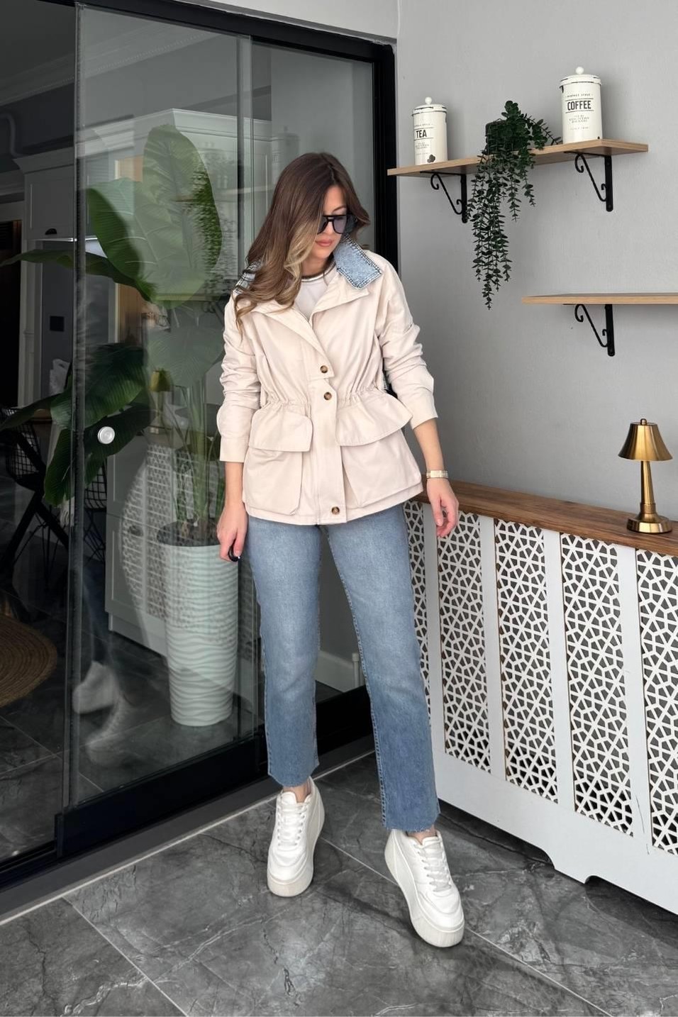 TrençkotDenim Detaylı Premıum Trençkot Taş