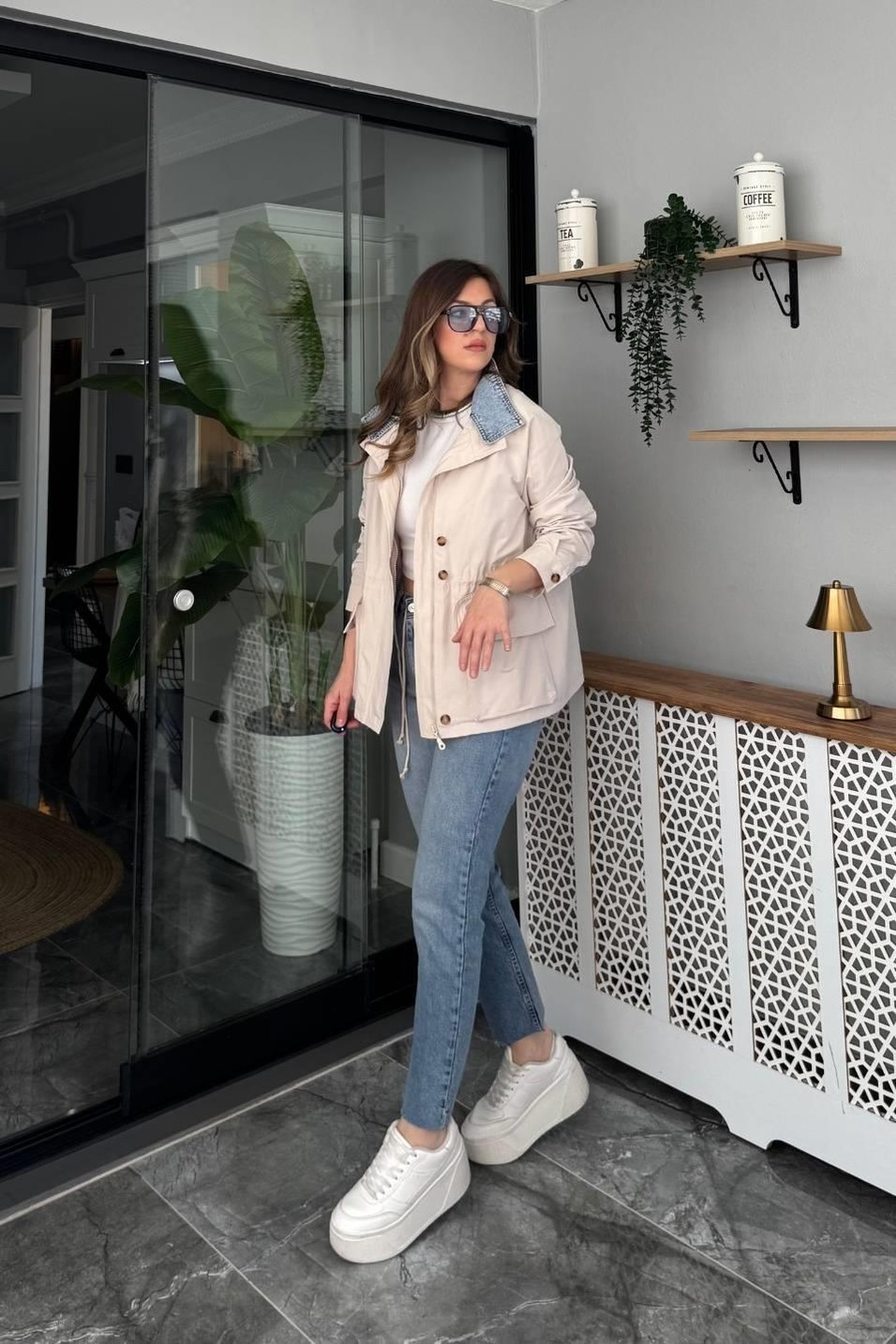 TrençkotDenim Detaylı Premıum Trençkot Taş