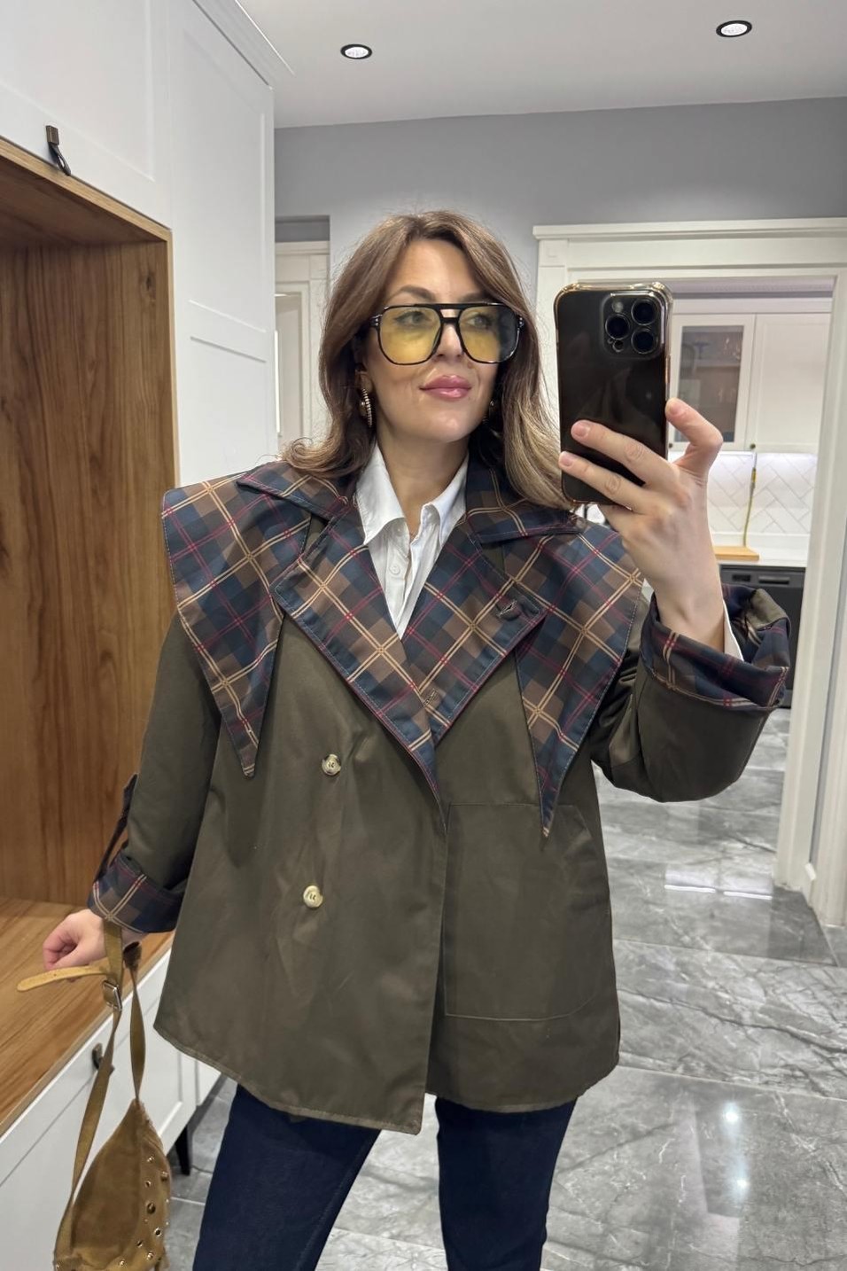 TrençkotRevercoat Çift Taraflı Pelerinli Trenç Haki Yeşil