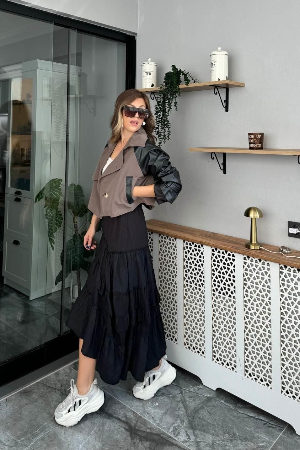 TrençkotZr Model Kolları Deri Kısa Trençkot Haki Yeşil