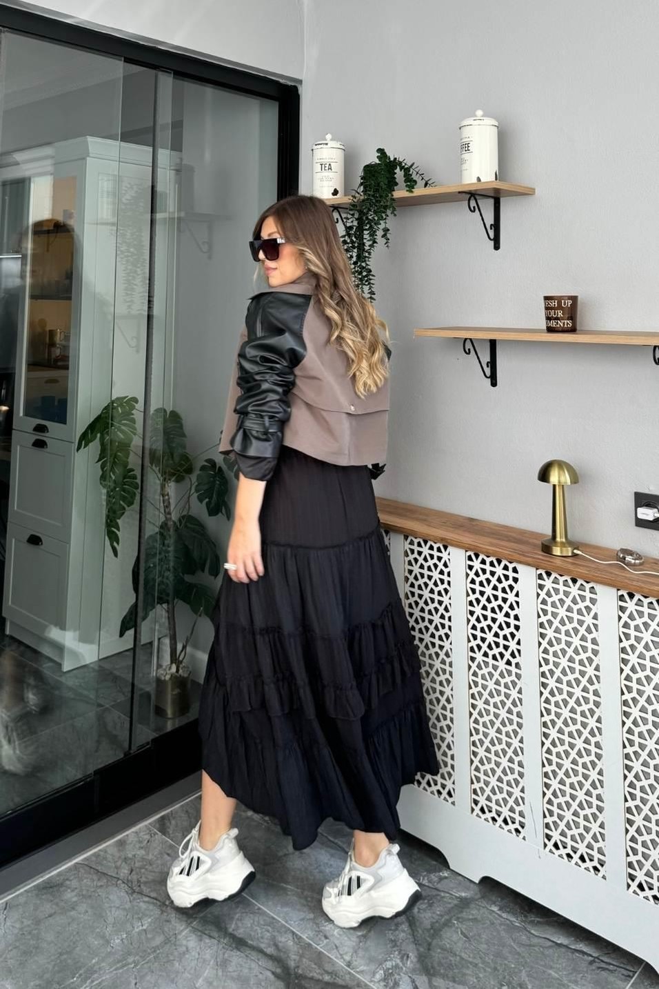 TrençkotZr Model Kolları Deri Kısa Trençkot Haki Yeşil