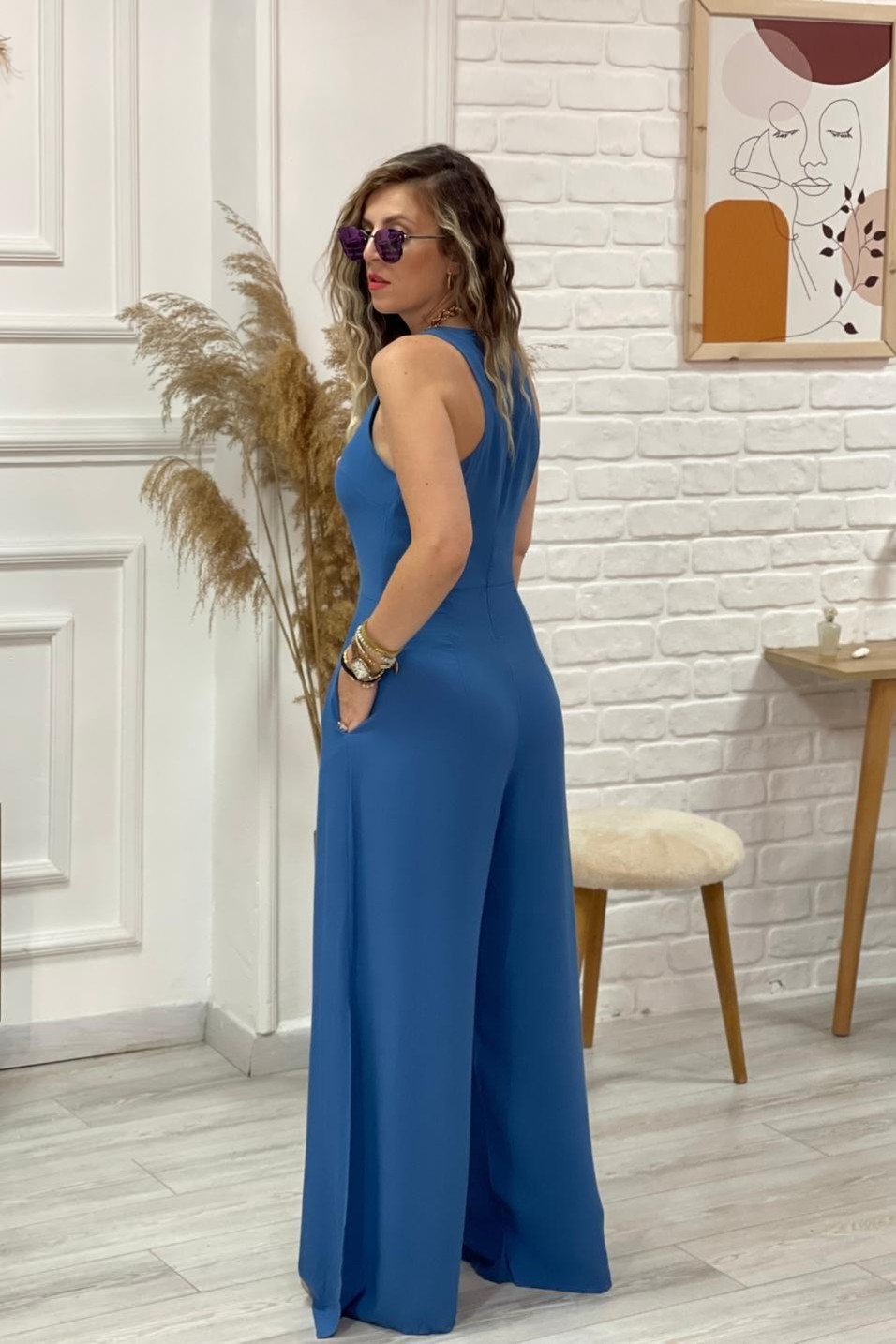 TulumGeniş Askılı Paça Kısmı Yırtmaçlı Tulum Mavi