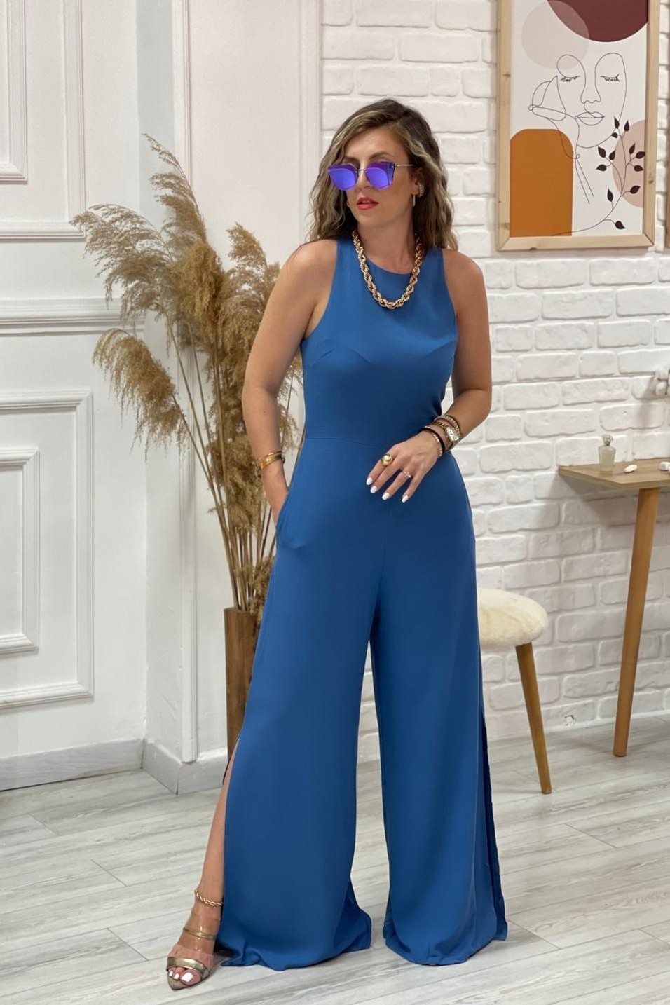 TulumGeniş Askılı Paça Kısmı Yırtmaçlı Tulum Mavi