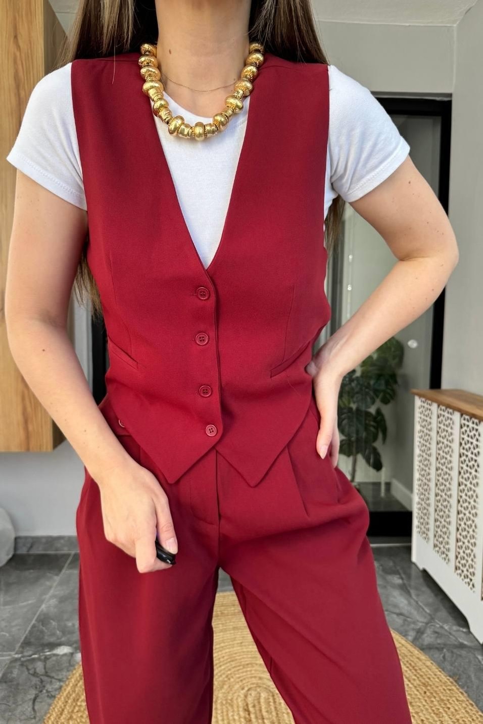 YelekArkası Kruvaze Kumaş Yelek Bordo