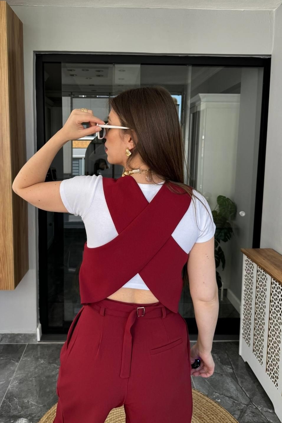 YelekArkası Kruvaze Kumaş Yelek Bordo