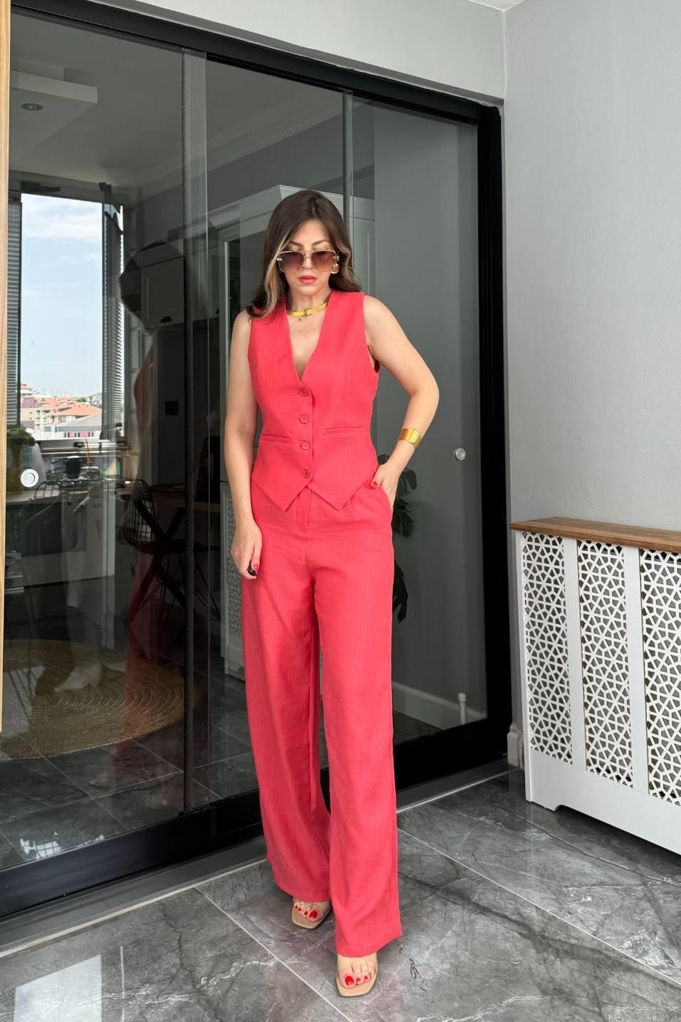 YelekAstarlı Keten Yelek Nar Çiçeği
