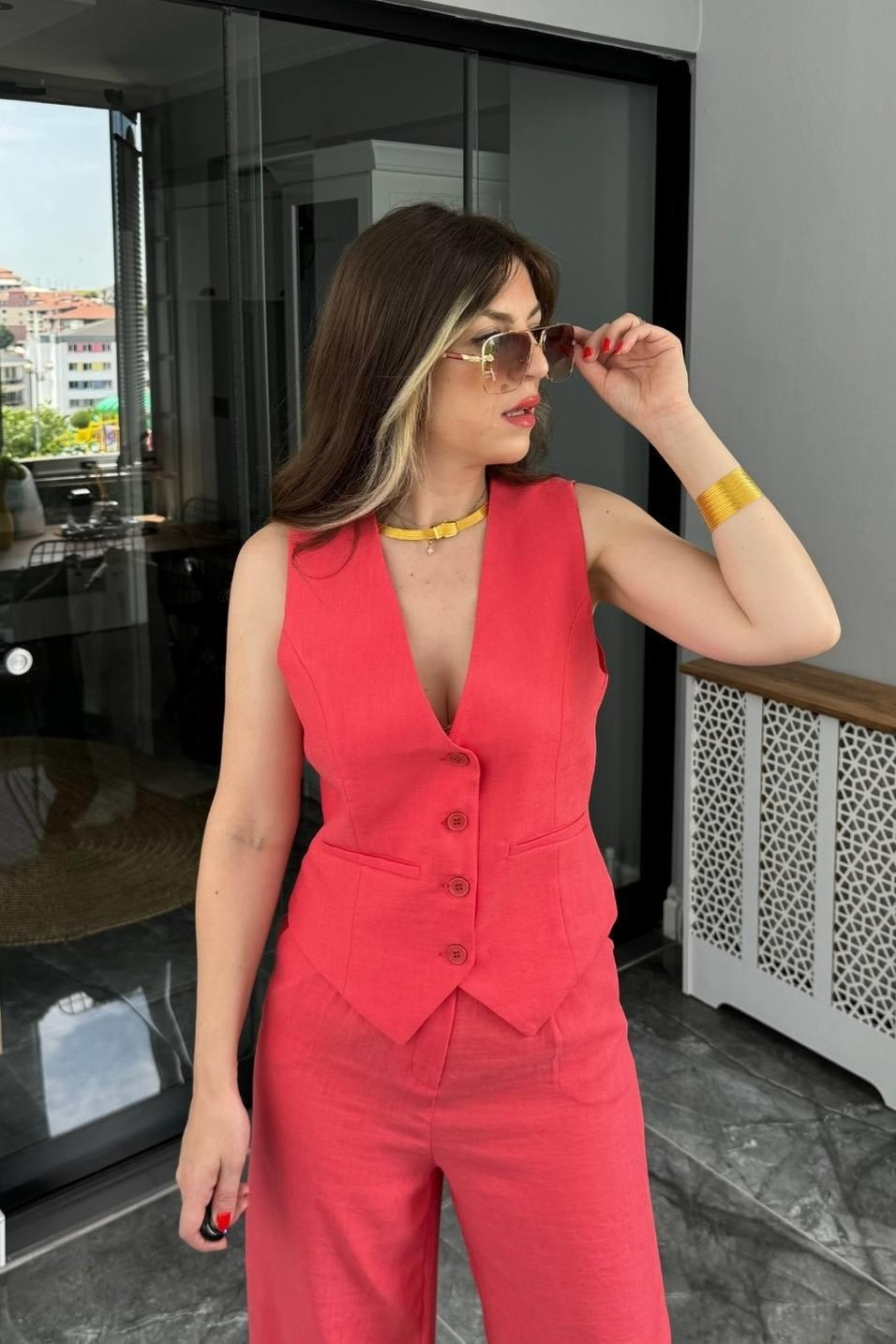 YelekAstarlı Keten Yelek Nar Çiçeği