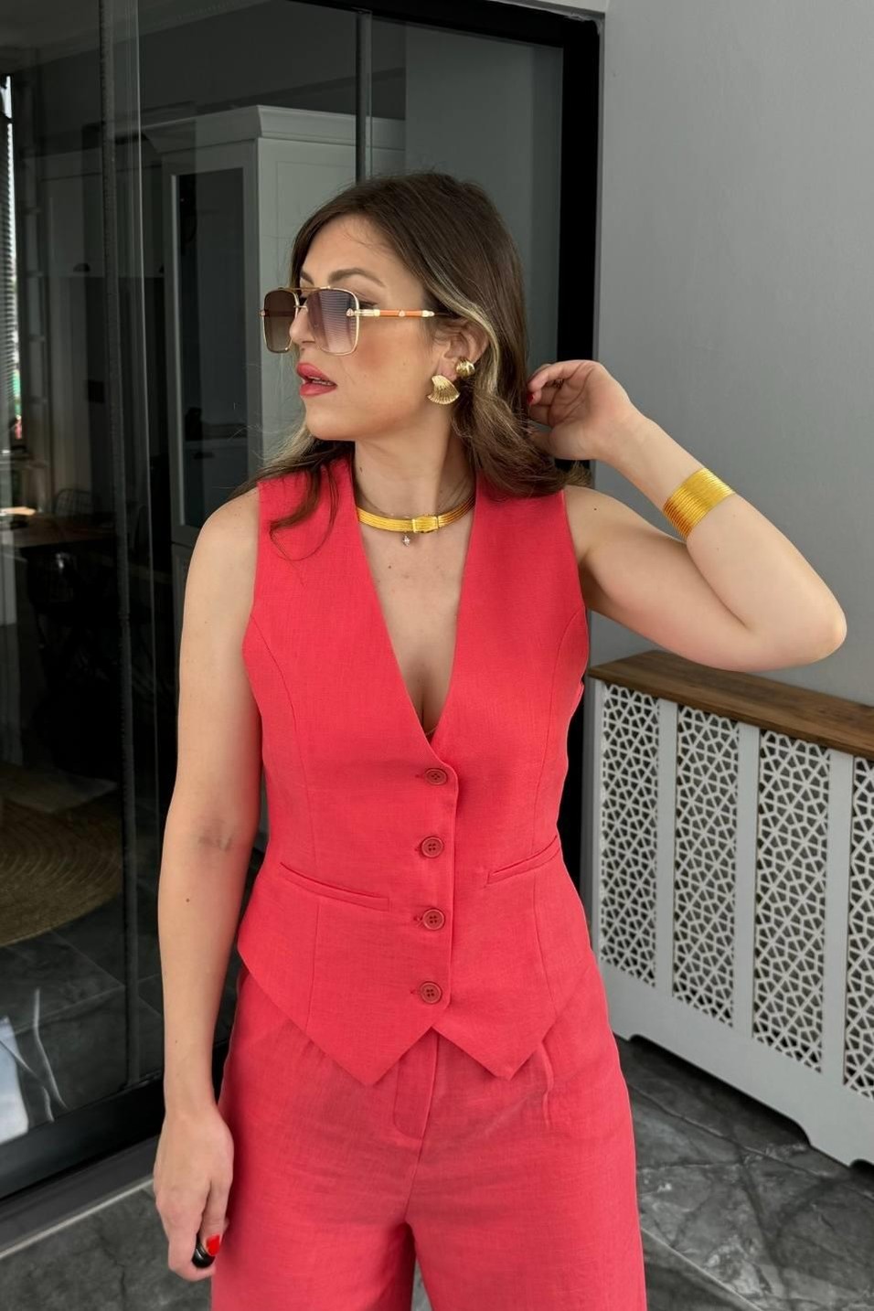 YelekAstarlı Keten Yelek Nar Çiçeği