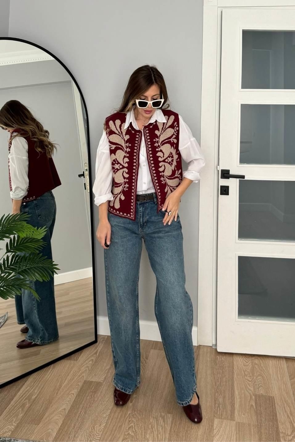 YelekEtnik Desenli Premium Triko Yelek Bordo-Camel