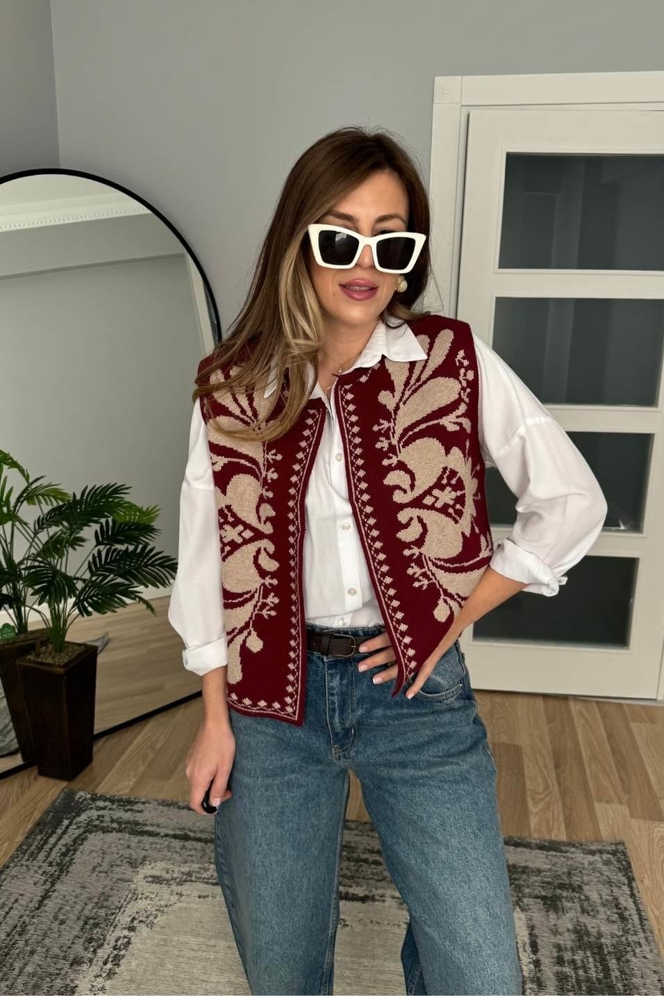 YelekEtnik Desenli Premium Triko Yelek Bordo-Camel