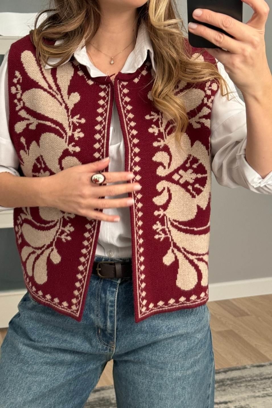 YelekEtnik Desenli Premium Triko Yelek Bordo-Camel