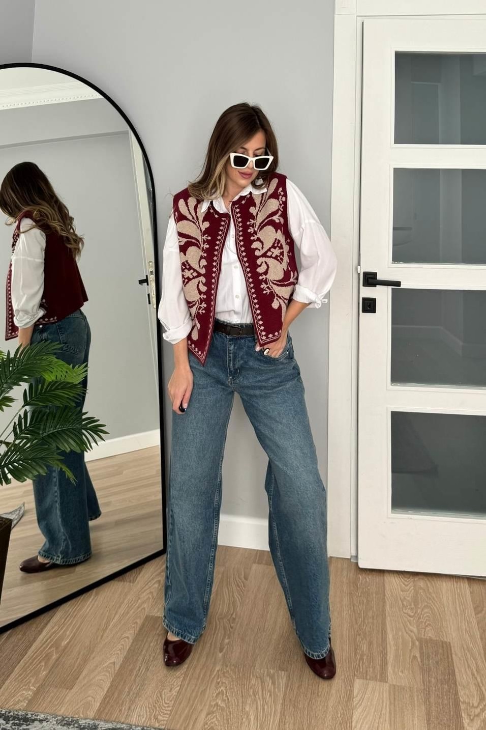 YelekEtnik Desenli Premium Triko Yelek Bordo-Camel
