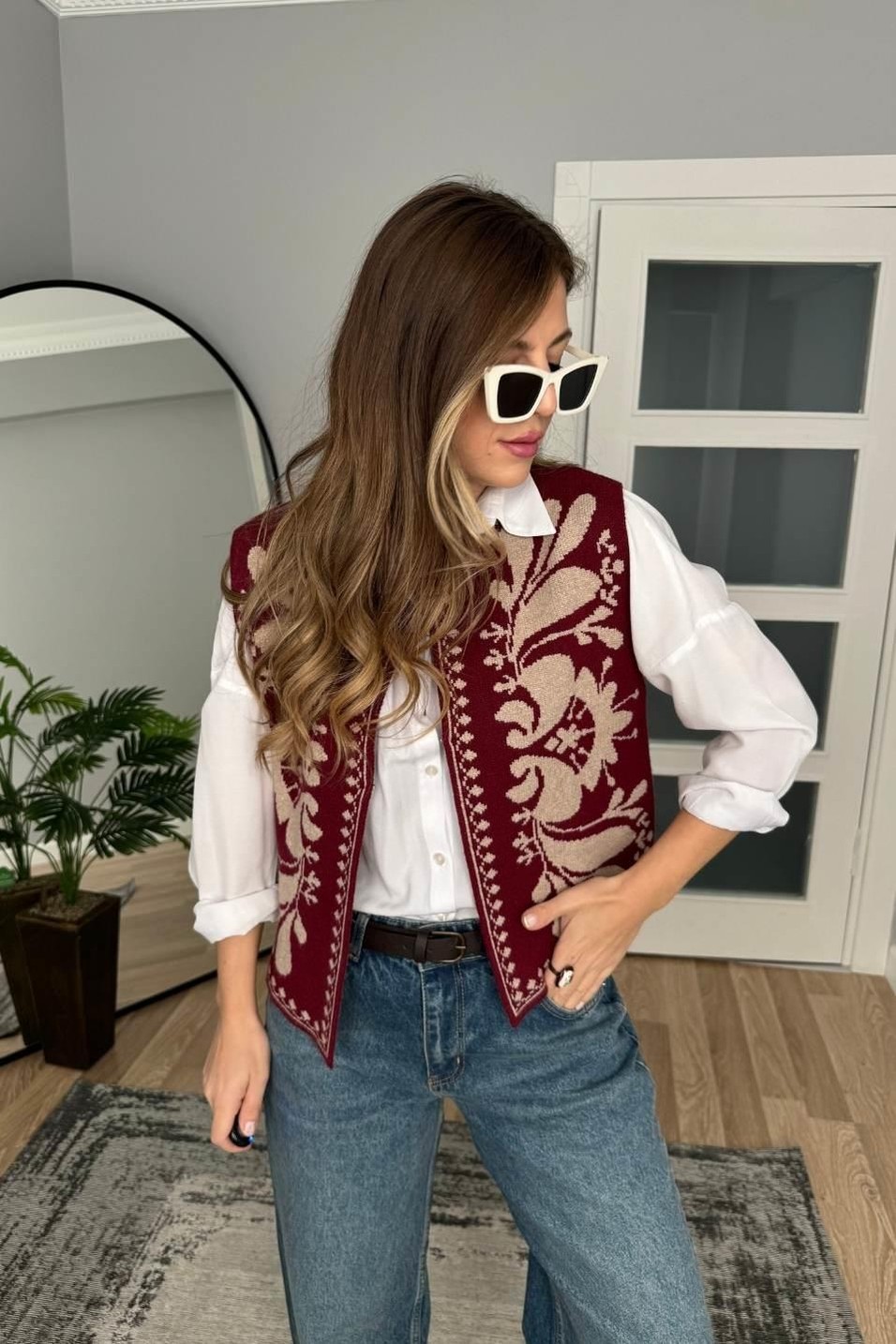 YelekEtnik Desenli Premium Triko Yelek Bordo-Camel