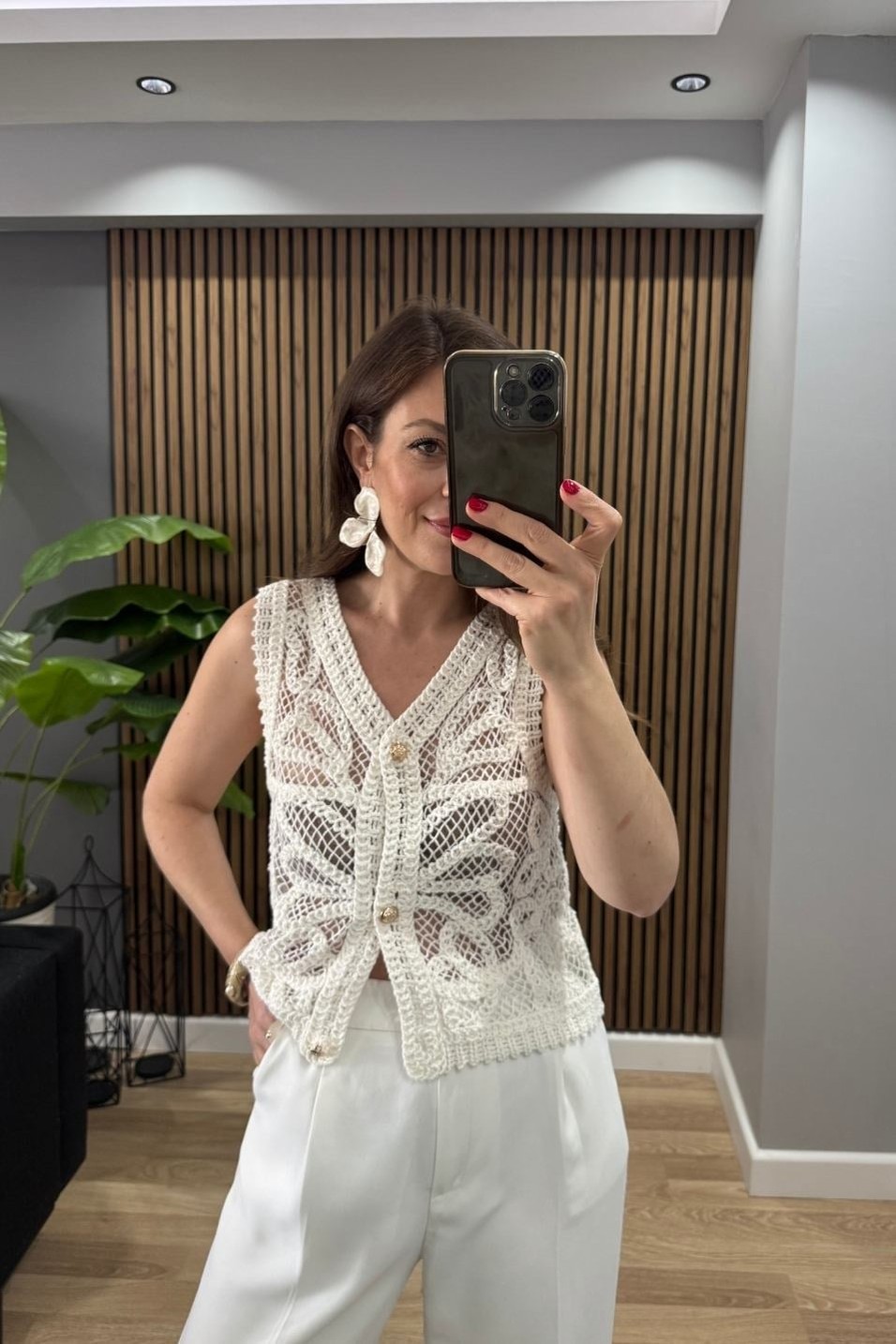 YelekGold Düğme Crochet Yelek Ekru