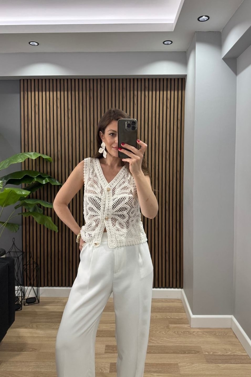 YelekGold Düğme Crochet Yelek Ekru