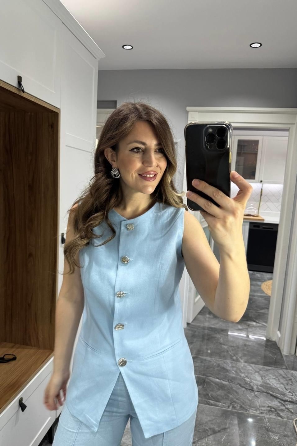 YelekKarma Düğme Keten Yelek Bebe Mavi