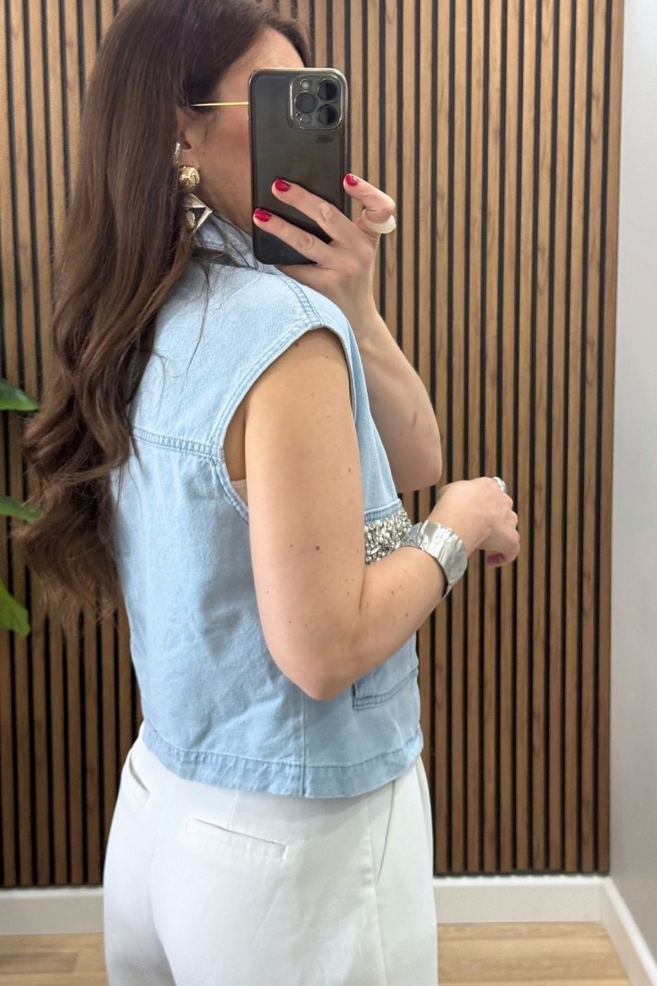 YelekLuna Taş Detay Denim Yelek Buz Mavi