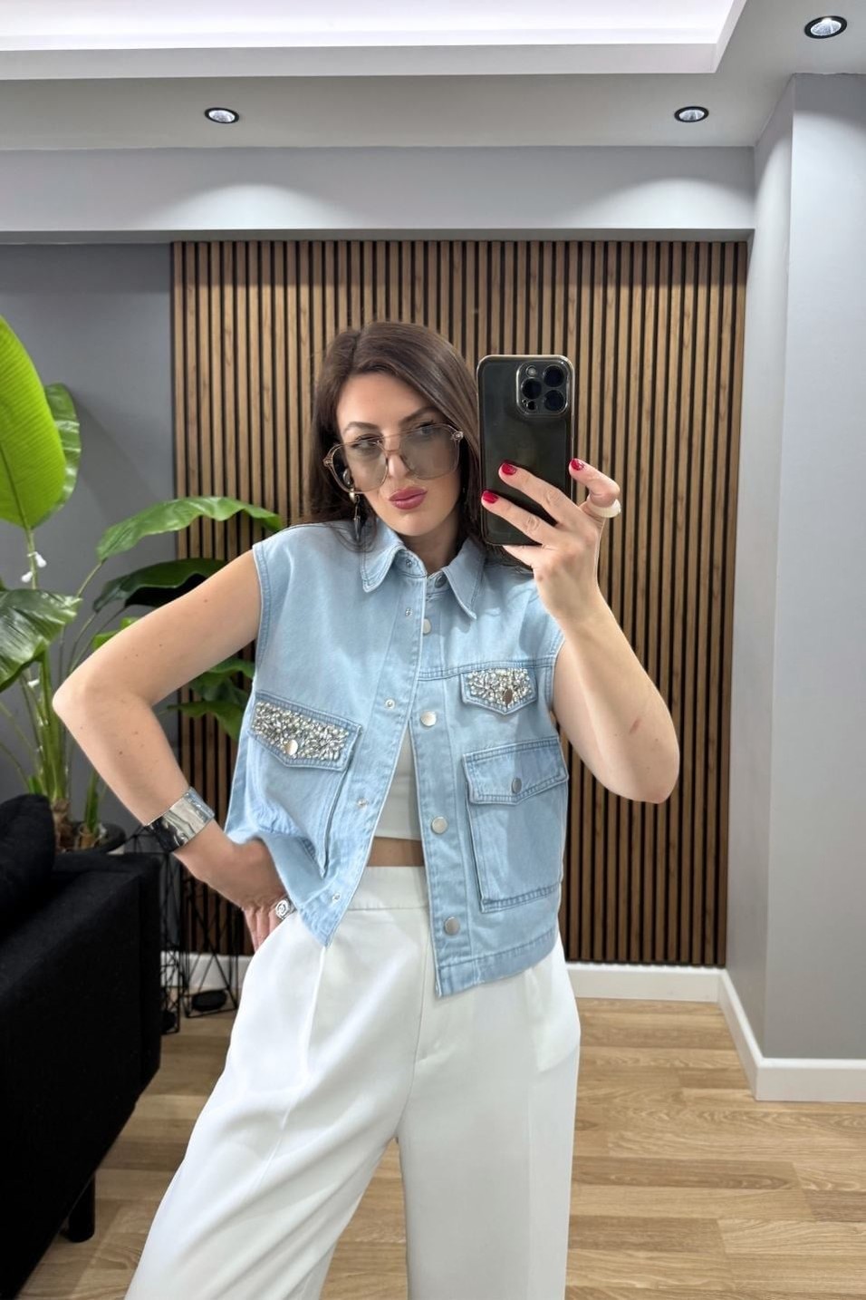 YelekLuna Taş Detay Denim Yelek Buz Mavi
