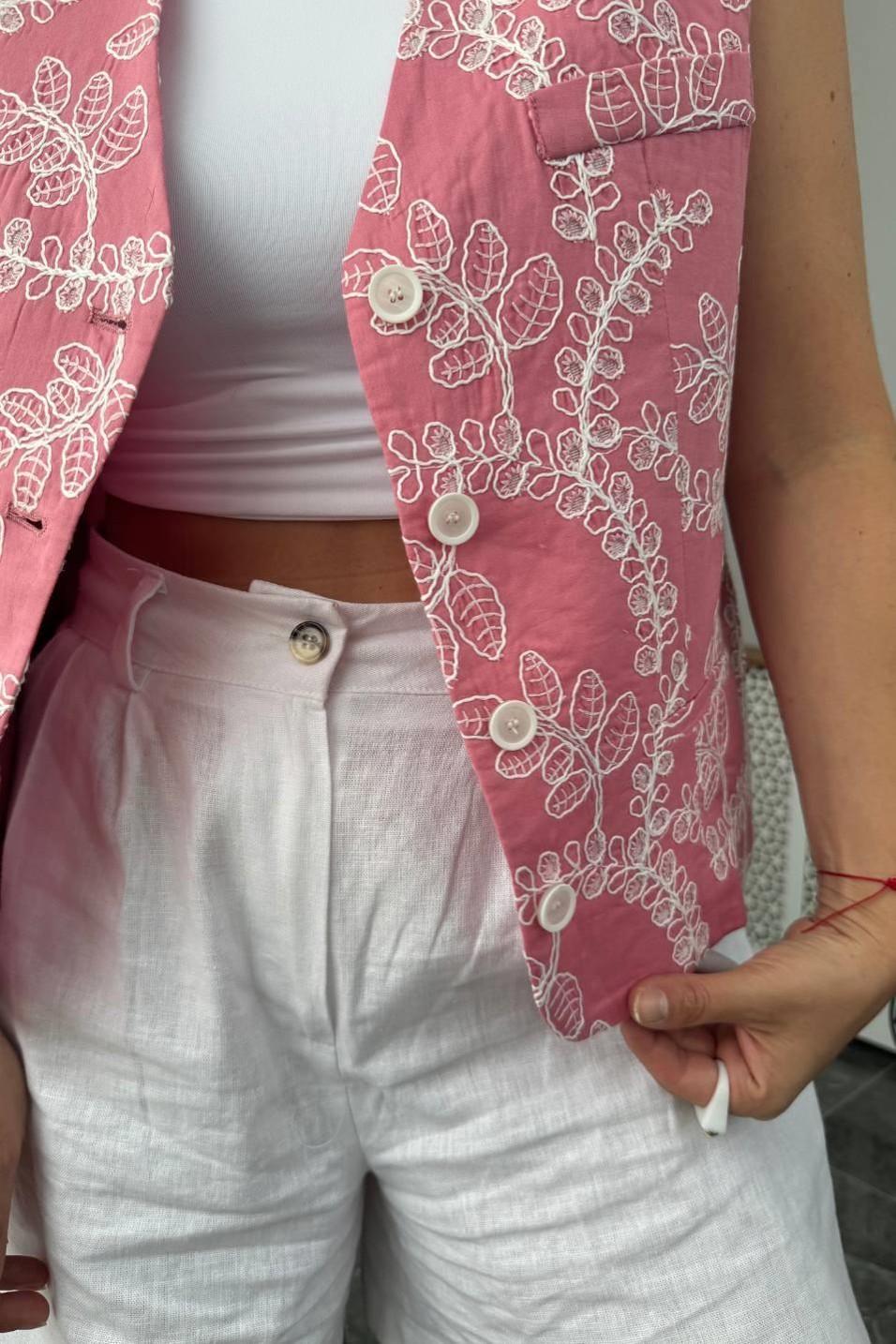 YelekNakış Detaylı Yelek Pembe
