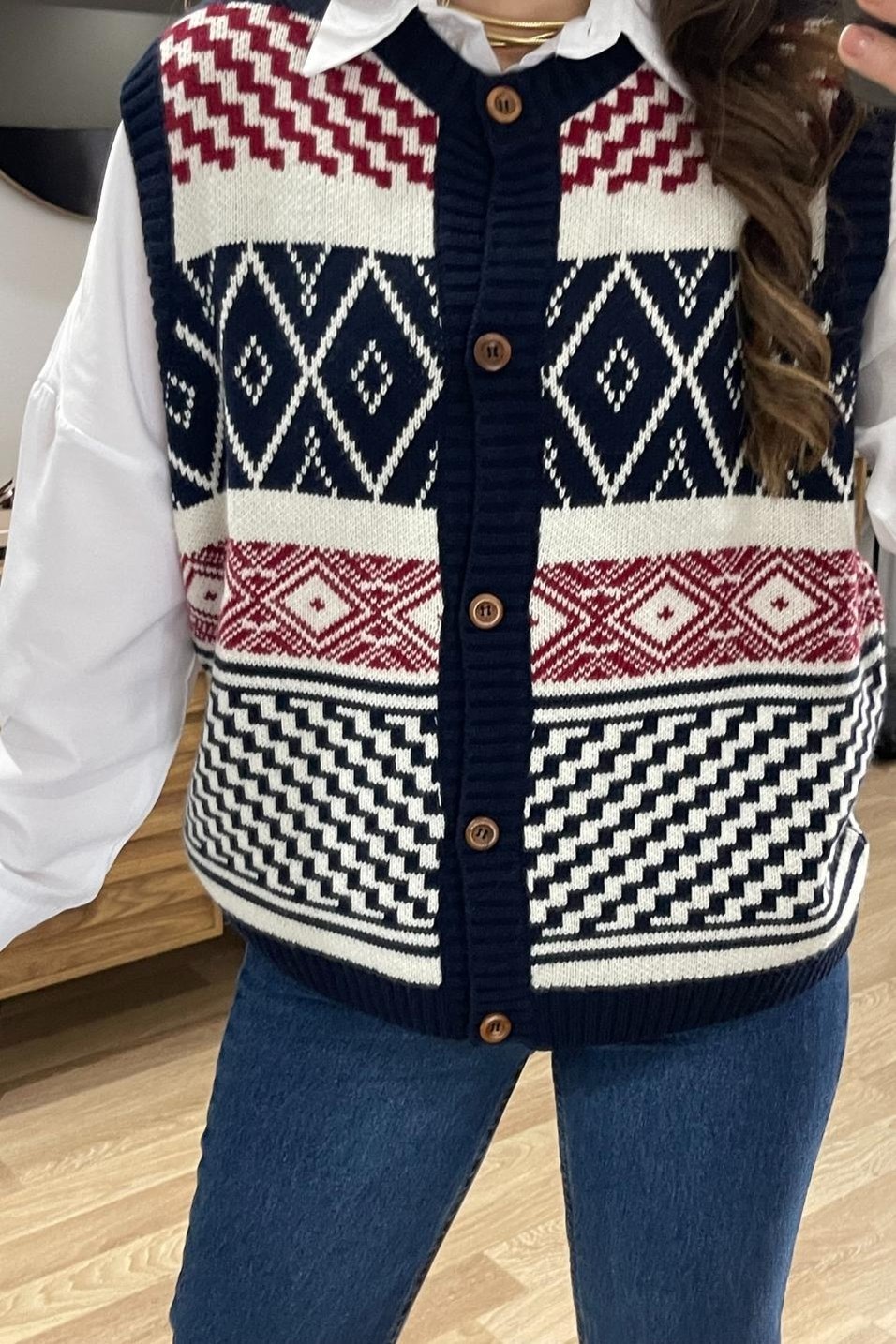 YelekVintage Renkli Düğmeli Triko Yelek Lacivert