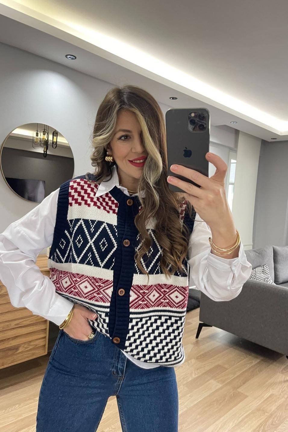 YelekVintage Renkli Düğmeli Triko Yelek Lacivert