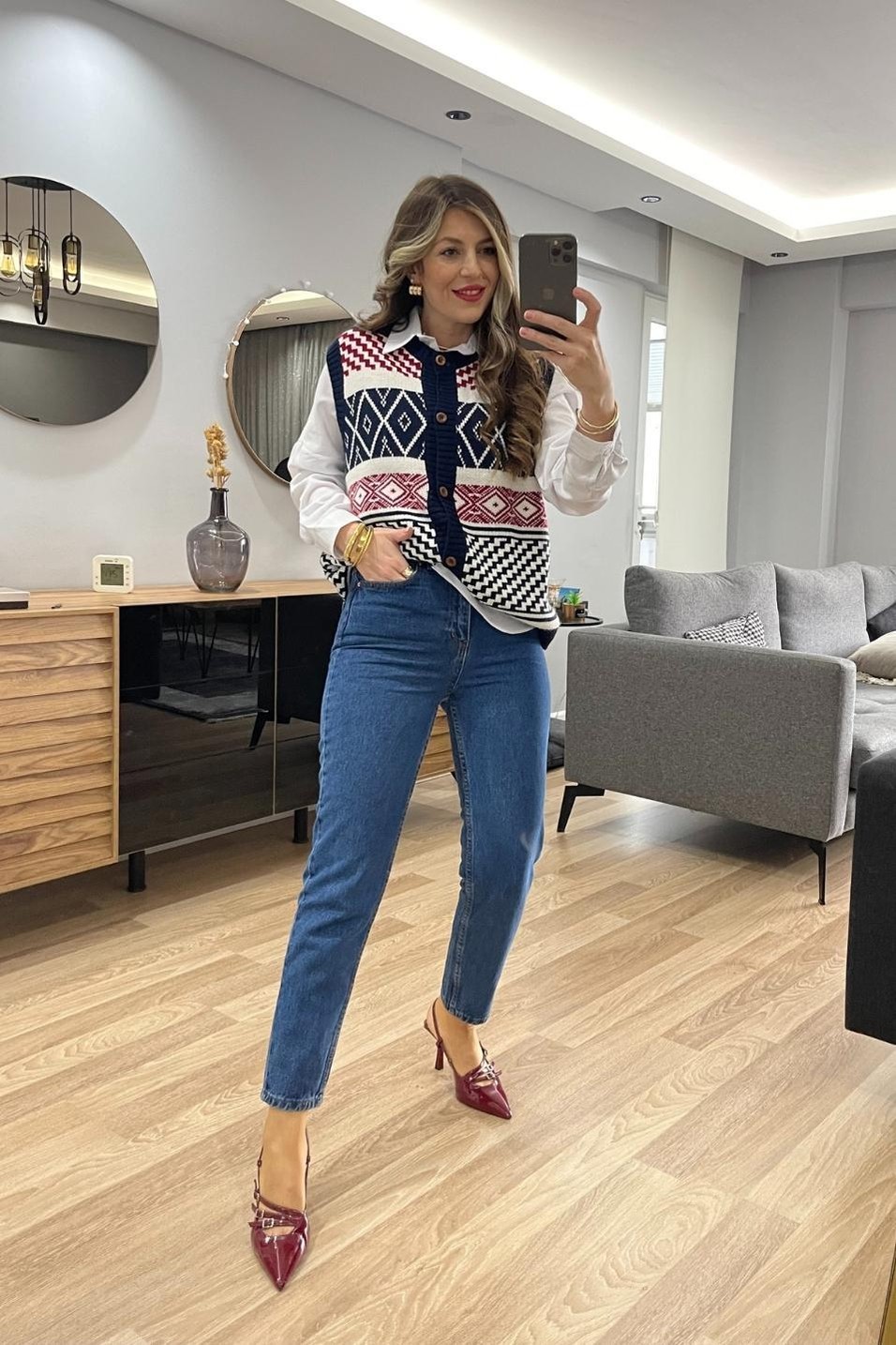 YelekVintage Renkli Düğmeli Triko Yelek Lacivert