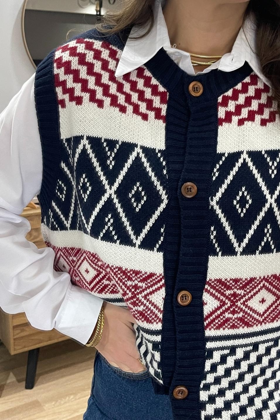 YelekVintage Renkli Düğmeli Triko Yelek Lacivert