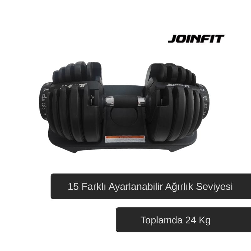 JOINFIT ayarlanabilir dambıl 24 kg — tek dambılda 15 ağırlık kademesi, yerleştirme tablasıyla