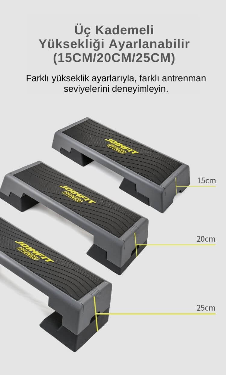 JOINFIT PRO step tahtası üç kademeli yükseklik — 15, 20 ve 25 cm