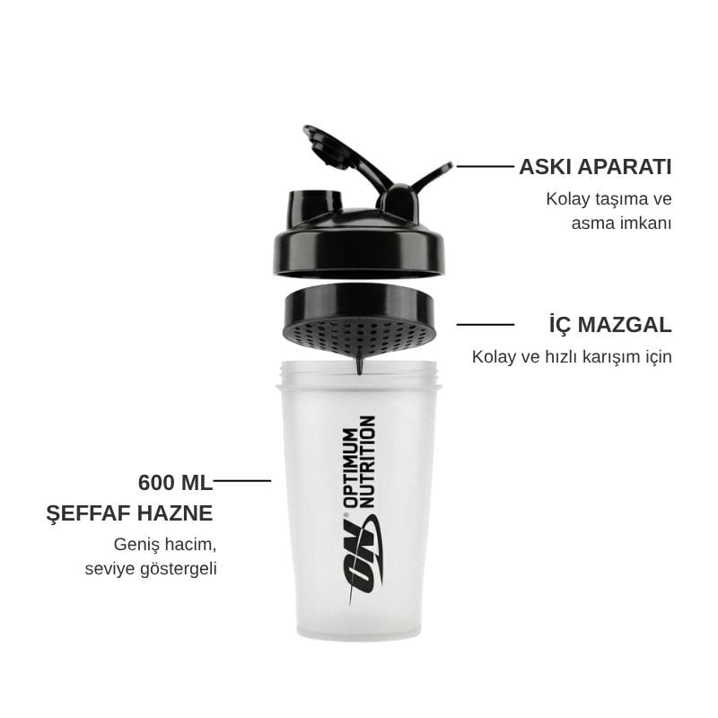 Optimum Nutrition Shaker 600 ml parçaları: askı aparatlı kapak, iç mazgal ve 600 ml şeffaf hazne