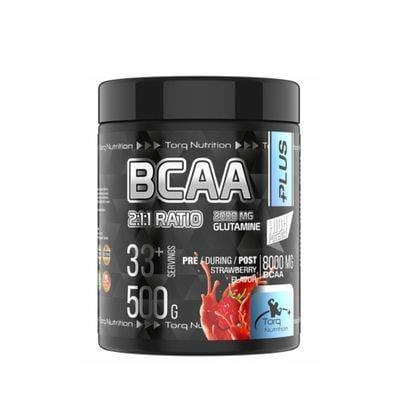 Torq Nutrition BCAA+ Plus 2:1:1 500 Gr — çilek aromalı, porsiyonda 8.000 mg BCAA ve 2.000 mg glutamin
