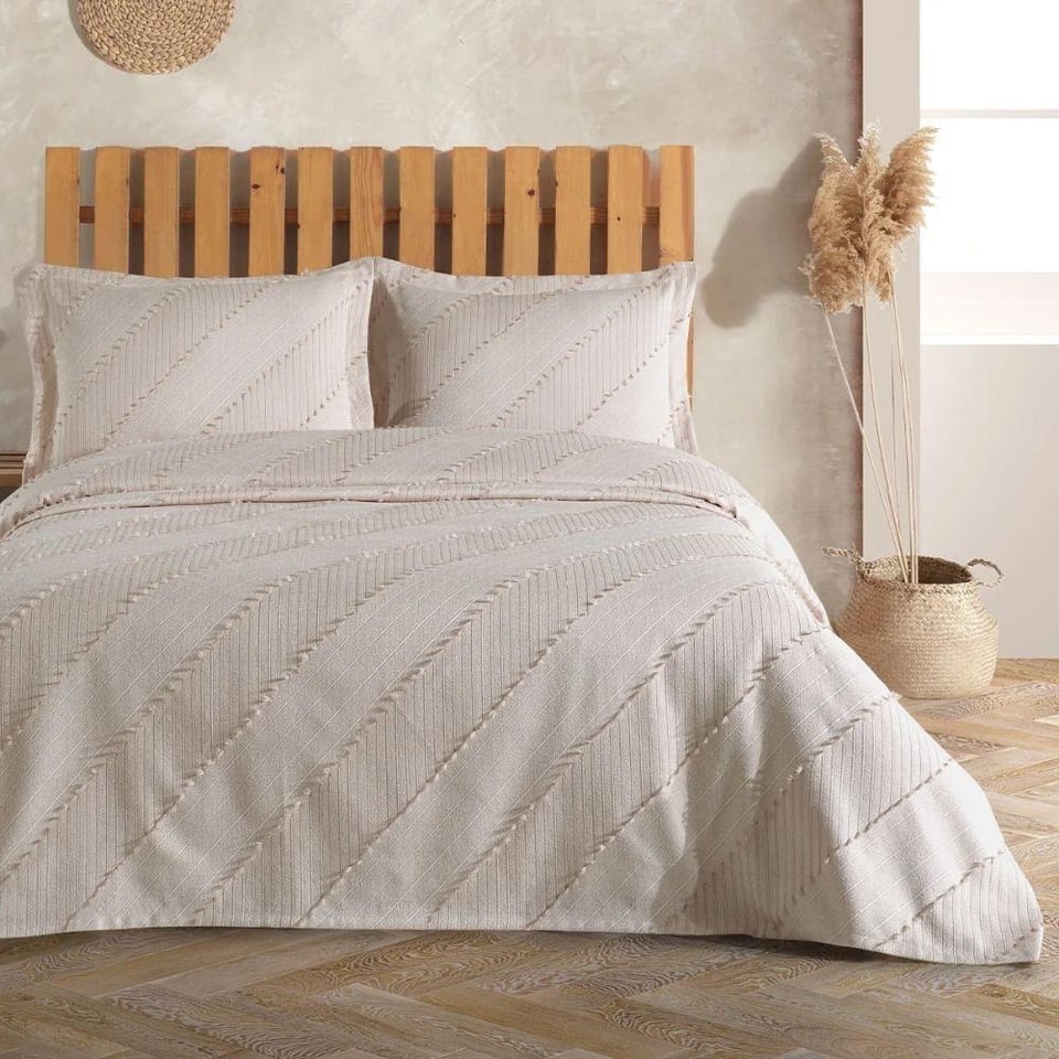 Elart Karya Yatak Örtüsü Seti Çift Kişilik Ekru