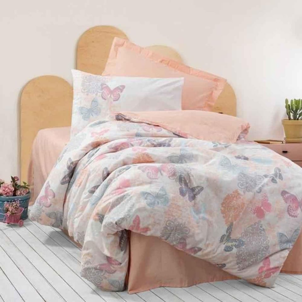 Genç Odası Tek Kişilik Lastikli Çarşaflı Nevresim Takımı Kimela Pembe