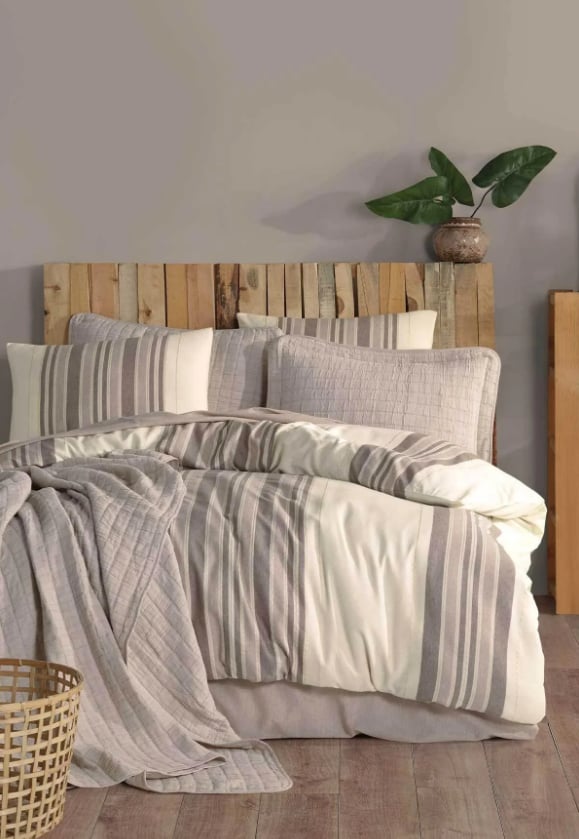 ELART NEVRESİMLİ NATUREL STYLE ÇİFT K. YATAK SETİ VİZON