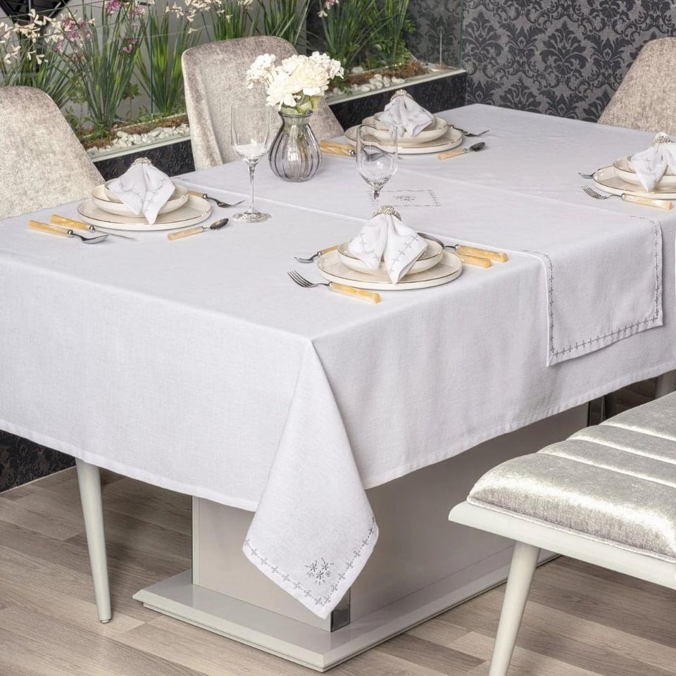 Cotton Box Keten Masa Örtüsü Takımı Pera Beyaz 175x240