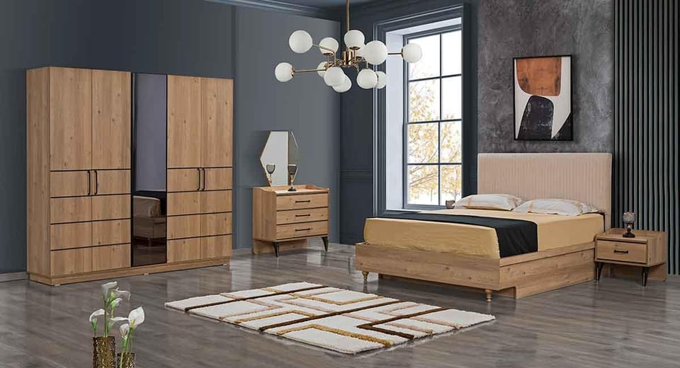 Akasya Başlıklı 5 Kapılı Yatak Odası Takımı Meşe (Karyolasız)