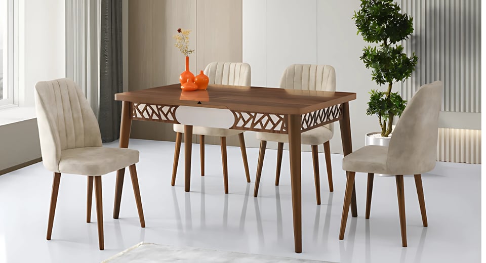 Mira Masa Takımı (MA-1223 Mira Masa Haliç Ceviz-Beyaz/4 Ad.AF-464 Alfa Sandalye D-01)