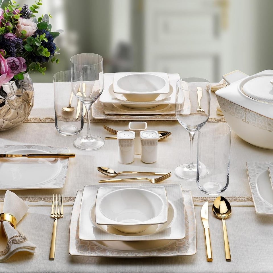 Yemek Takımları Schafer züccaciye Schafer 1S2407-01001-BYZ03 Glamor Poınt Kare Yemek Takım-60 Prç-Beyaz